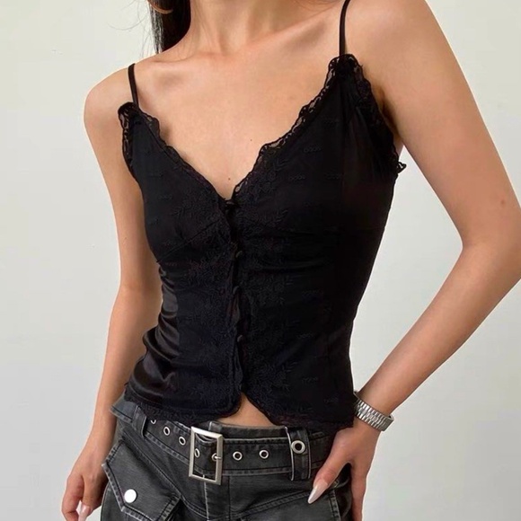 Vintage Y2K Babydoll Bustier Tank top Rosette Tie back Satin Polyamid Black 12 - Picture 1 of 14